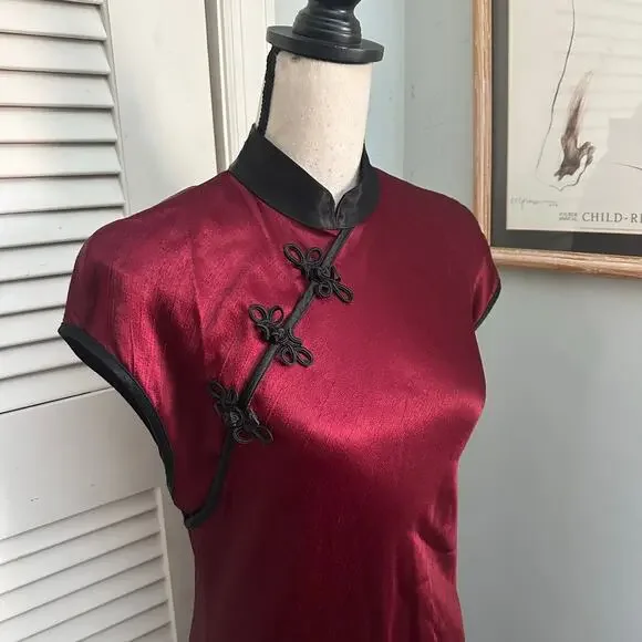 Vintage BENJAMIN A Dress Womens 12 Burgundy Satin Maxi Gown Mandarin Collar 80s